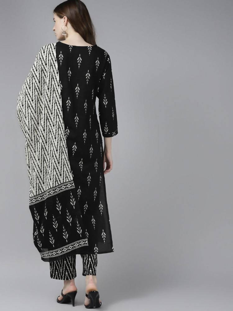 Yufta Women Black Ikat Printed Pure Cotton Kurta with Palazzo and Dupatta | Grab2Buy