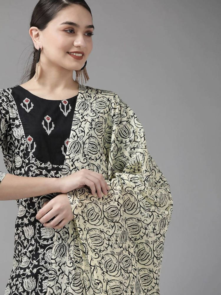 Yufta Black & Off-White Ethnic Screen Print Cotton Straight Kurta Palazzo & Dupatta | Grab2Buy
