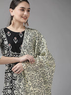 Yufta Black & Off-White Ethnic Screen Print Cotton Straight Kurta Palazzo & Dupatta | Grab2Buy