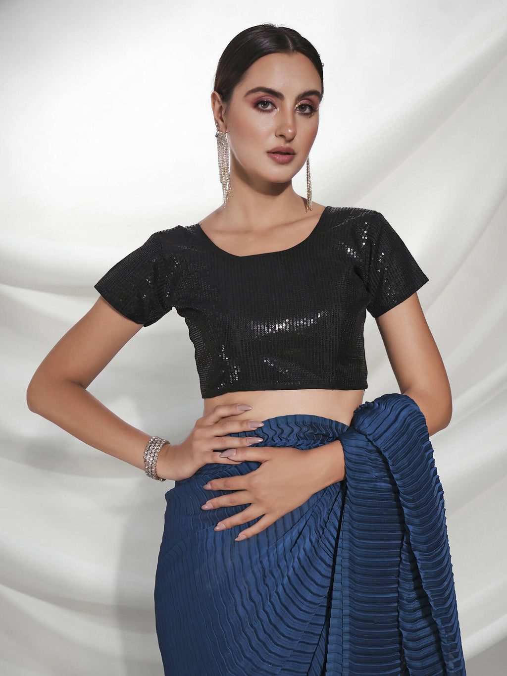 Teal Georgette Solid Texture Saree With Unstitched Blouse Piece - Rajal | Grab2Buy