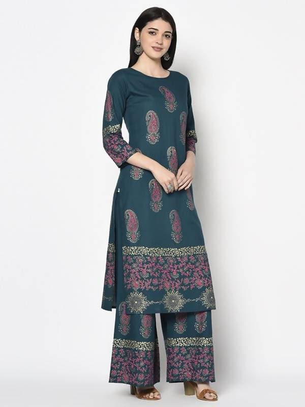 Aniyah Rayon Teal Blue Color Block Print Straight Kurta Palazzo Set (AN-223K) | Grab2Buy