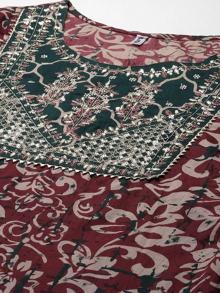 Yufta Women Mauve & Green Ethnic Motifs Printed Sequined Cotton Kurta Set & Dupatta | Grab2Buy