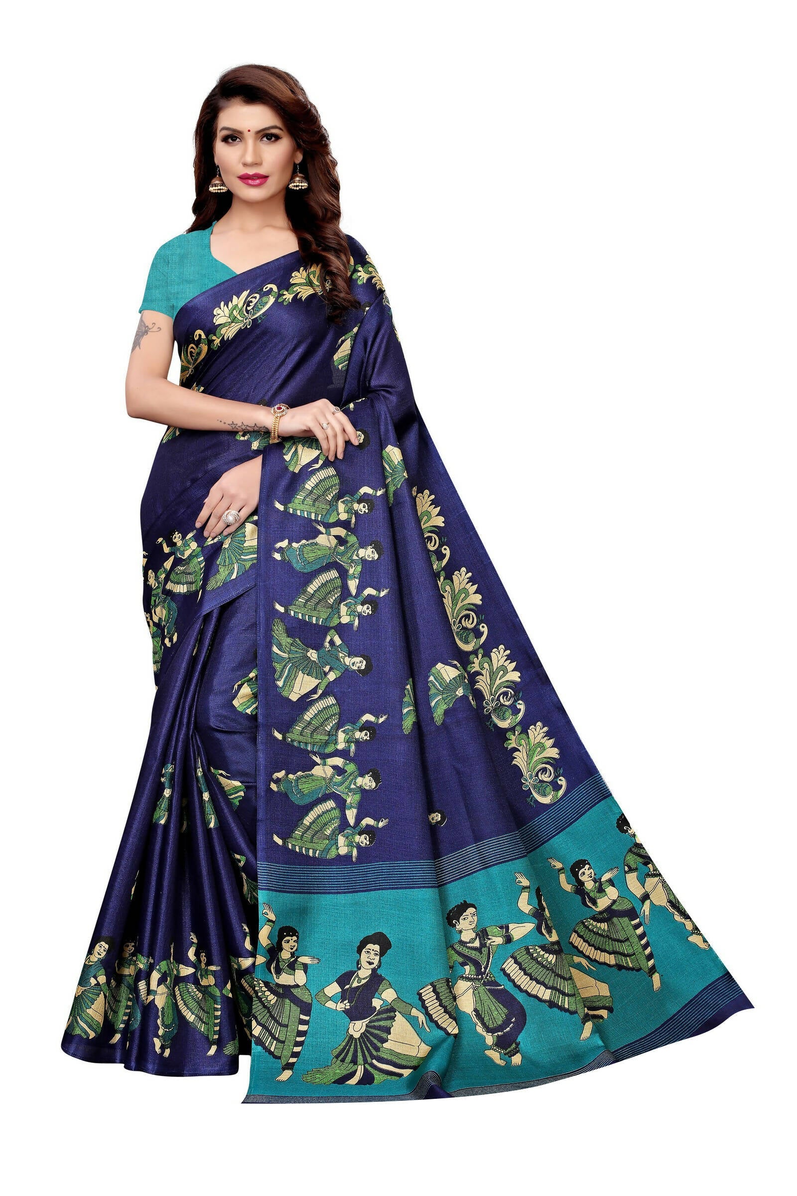 Vamika Navy Blue & Sky Blue Kalamkari With Jhalar Khadi Silk Saree | Grab2Buy