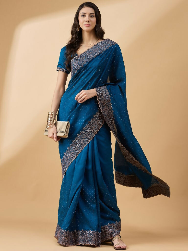Blue Silk Blend Embroidered Saree with Unstitched Blouse - Vairagi | Grab2Buy