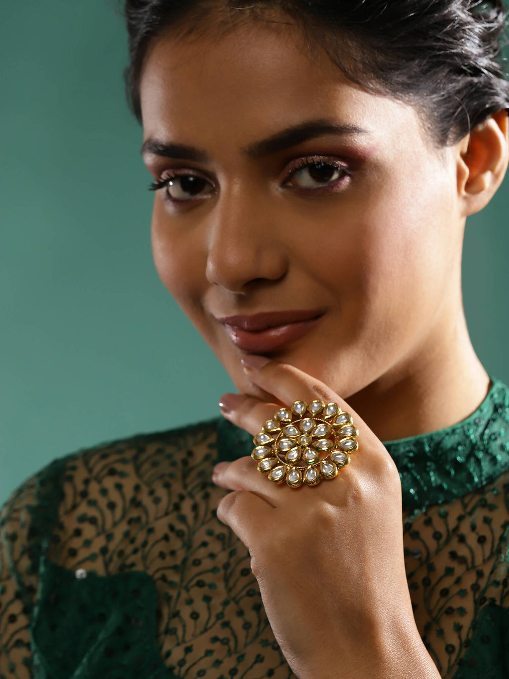 Gold-Polished White Kundan-Studded Adjustable Finger Ring - Ruby Raang | Grab2Buy