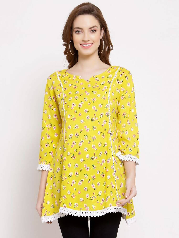 Myshka Women's Yellow Cotton 3/4 Sleeve Round Neck Printed Casual Tunic | Grab2Buy