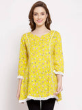 Myshka Women's Yellow Cotton 3/4 Sleeve Round Neck Printed Casual Tunic | Grab2Buy