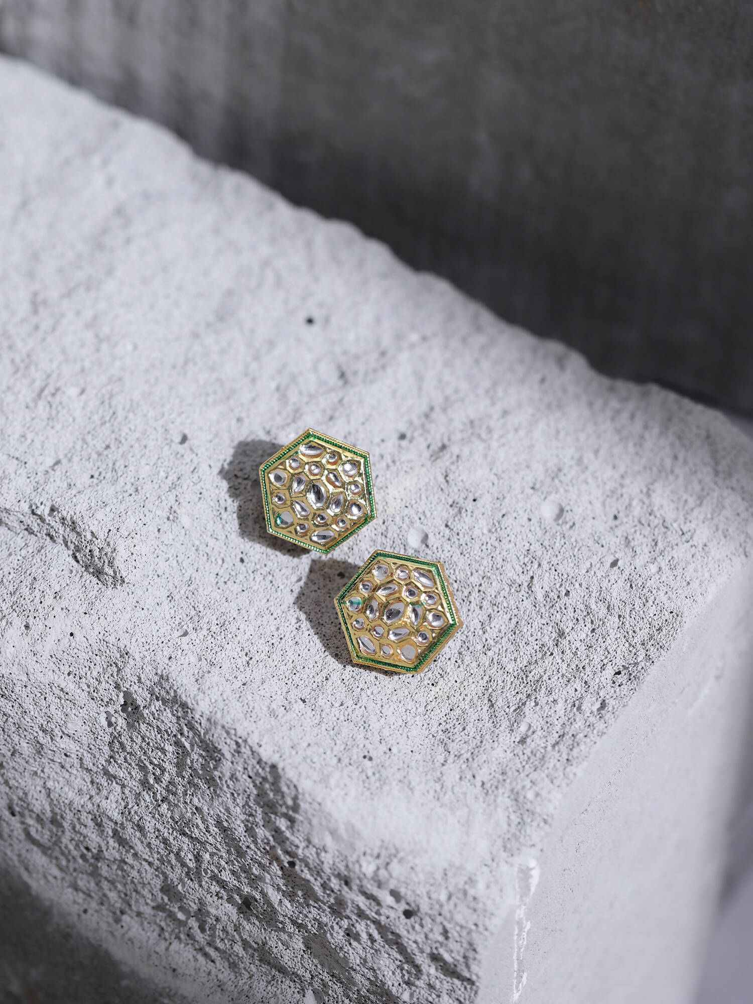 Gold-Toned White Kundan Contemporary Gold-Polished Studs Earrings - Ruby Raang | Grab2Buy