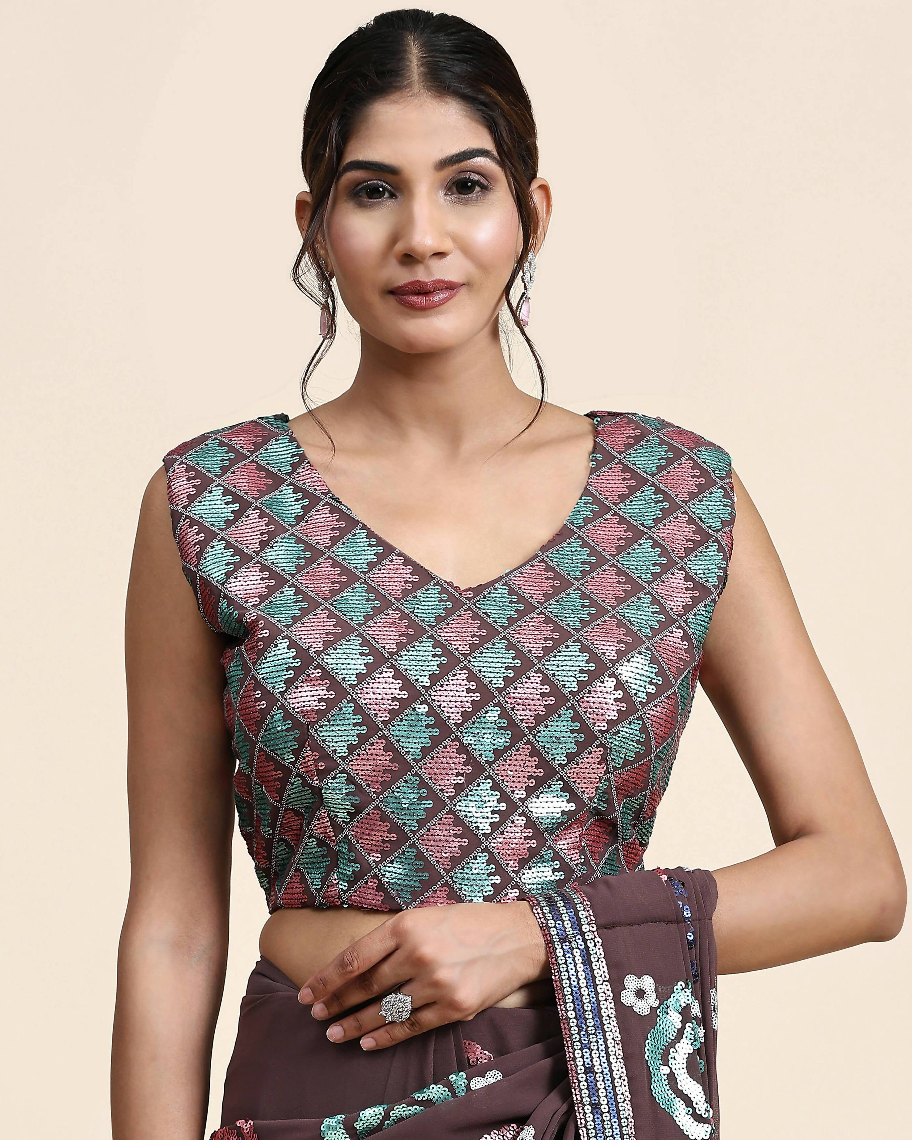 Brown Pure Georgette Sequence work Ready to wear Saree with stitched Blouse - Nirvana | Grab2Buy