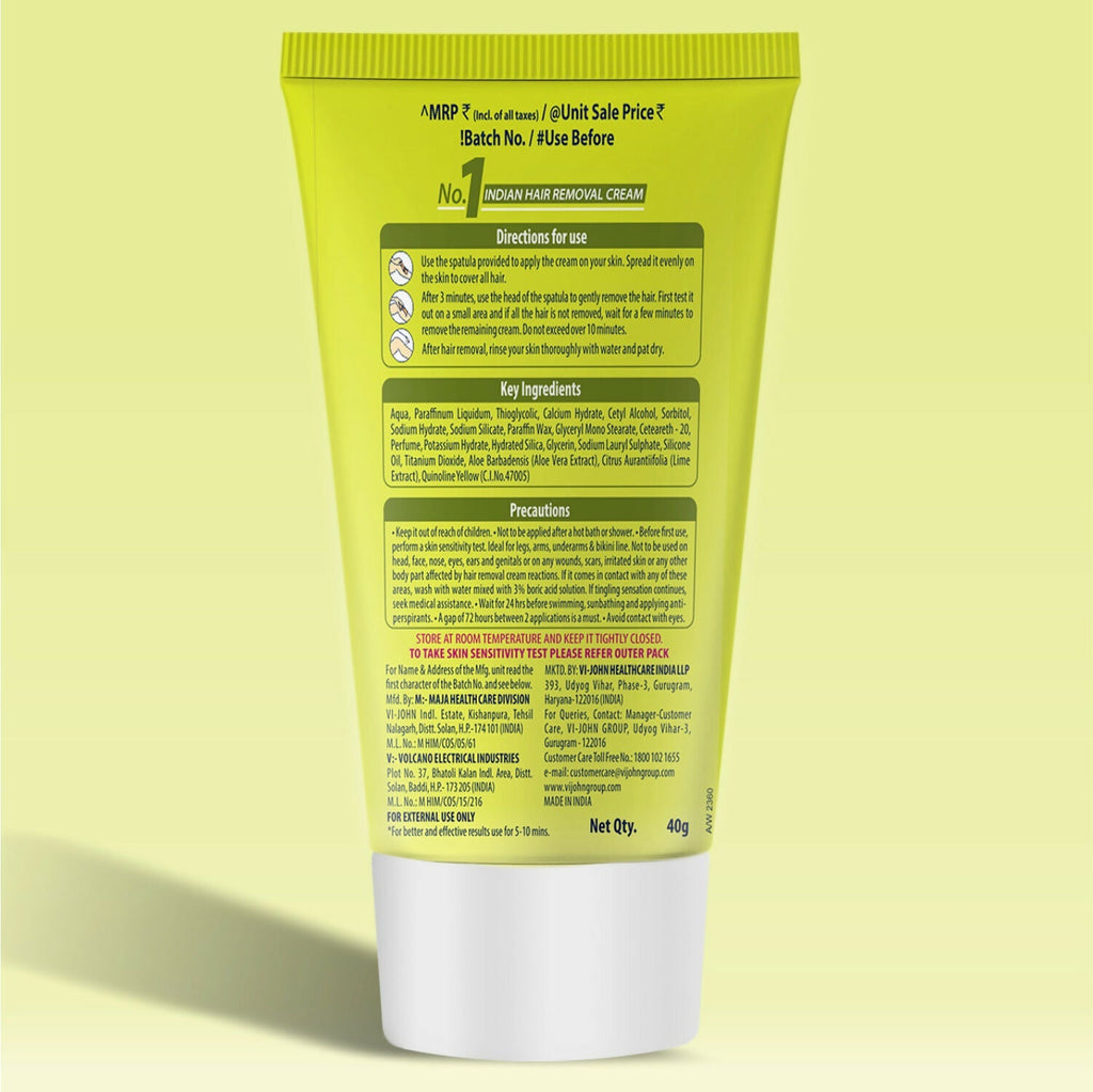 VI-JOHN Feather Touch Lime & Aloevera Hair Removal Cream for Women for Dry Skin, Suitable for Legs, Underarms, Bikini Line, Arms