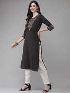 Yufta Women Black Yoke Design Kantha Work Floral Kurta | Grab2Buy