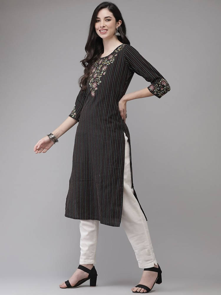 Yufta Women Black Yoke Design Kantha Work Floral Kurta | Grab2Buy