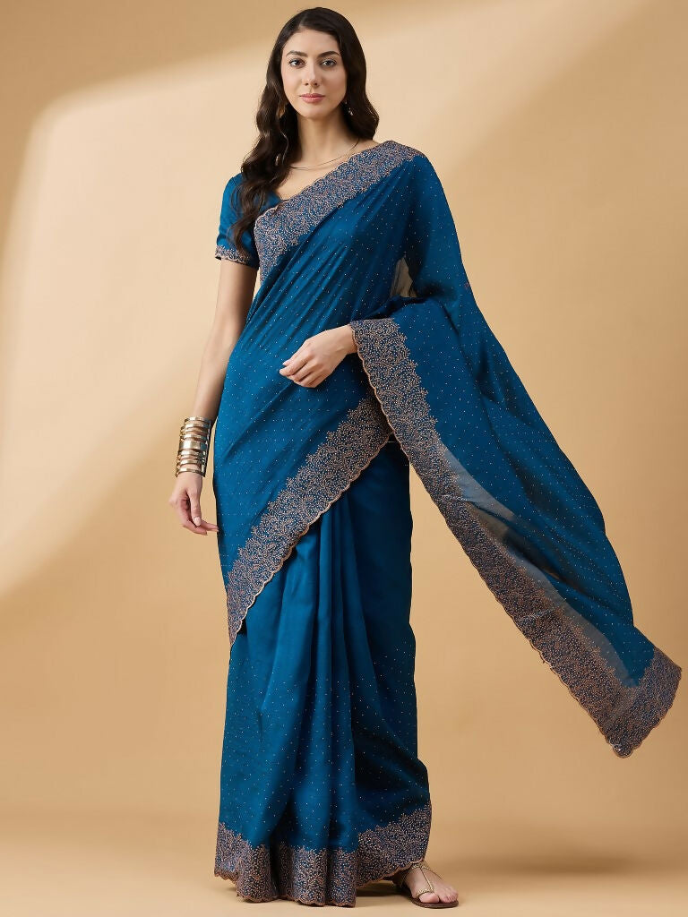 Blue Silk Blend Embroidered Saree with Unstitched Blouse - Vairagi | Grab2Buy