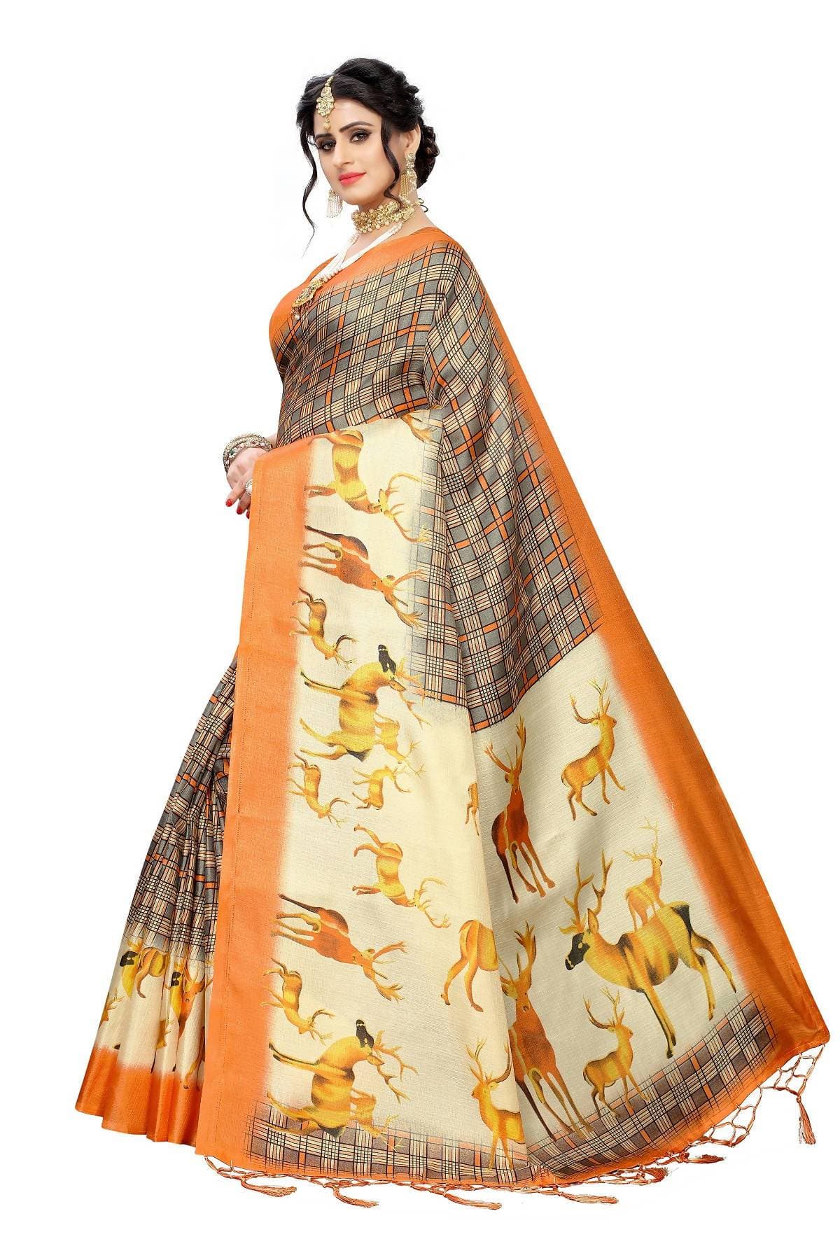 Vamika Multicolor Orange Kalamkari With Jhalar Khadi Silk Saree | Grab2Buy