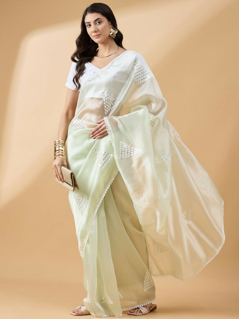 Green Tissue Slub Embroidered Saree with Unstitched Blouse - Vairagi | Grab2Buy