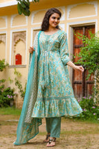 Yufta Blue Printed Tiered Kurta with Trouser and Dupatta | Grab2Buy