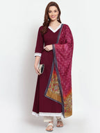 Myshka Women's Burgandy Printed Cotton Full Sleeve V Neck Casual Kurta Dupatta Set | Grab2Buy