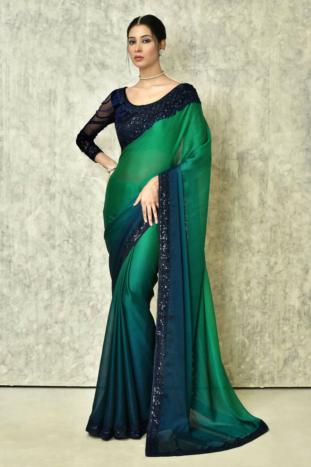 Green & Blue Silk Plain Saree with Blouse Piece - Purvi | Grab2Buy