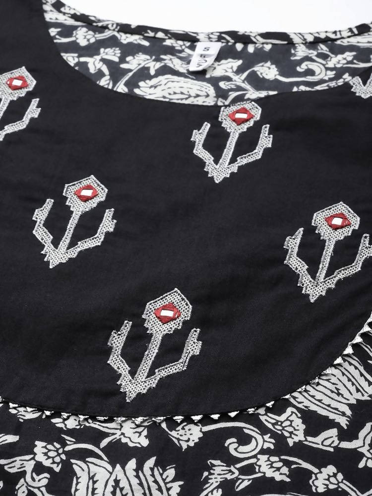 Yufta Black & Off-White Ethnic Screen Print Cotton Straight Kurta Palazzo & Dupatta | Grab2Buy