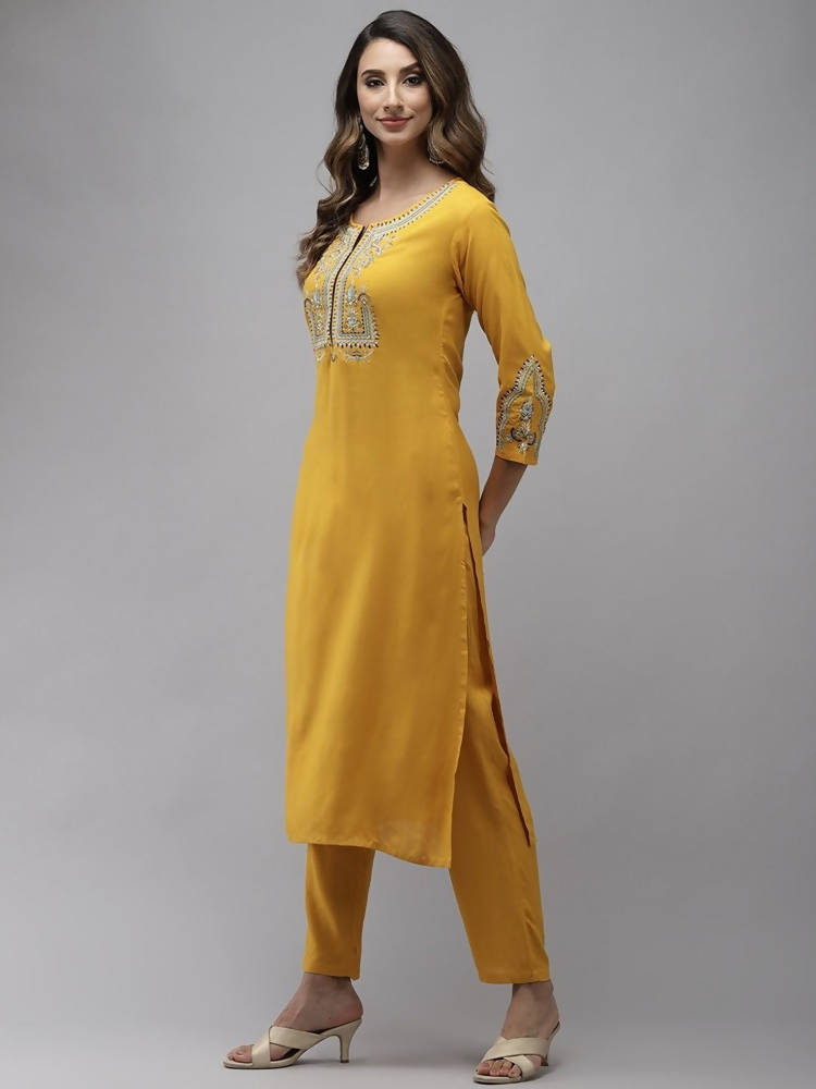 Yufta Women Yellow Floral Embroidered Regular Kurta with Palazzo & With Dupatta | Grab2Buy