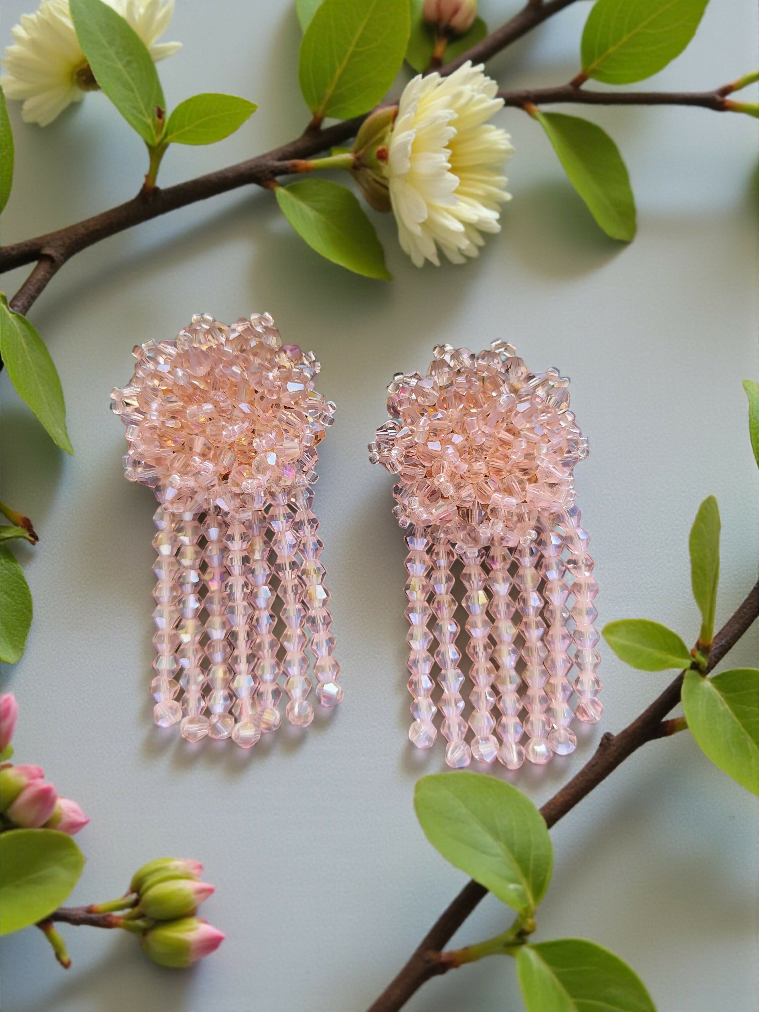 Inhanns Handmade Crystal Water Fall Earrings - Short - Baby Pink Small | Grab2Buy
