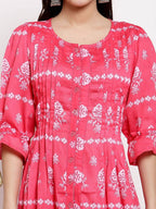 Myshka Women's Pink Cotton Printed 3/4 Sleeve Round Neck Casual Dress | Grab2Buy