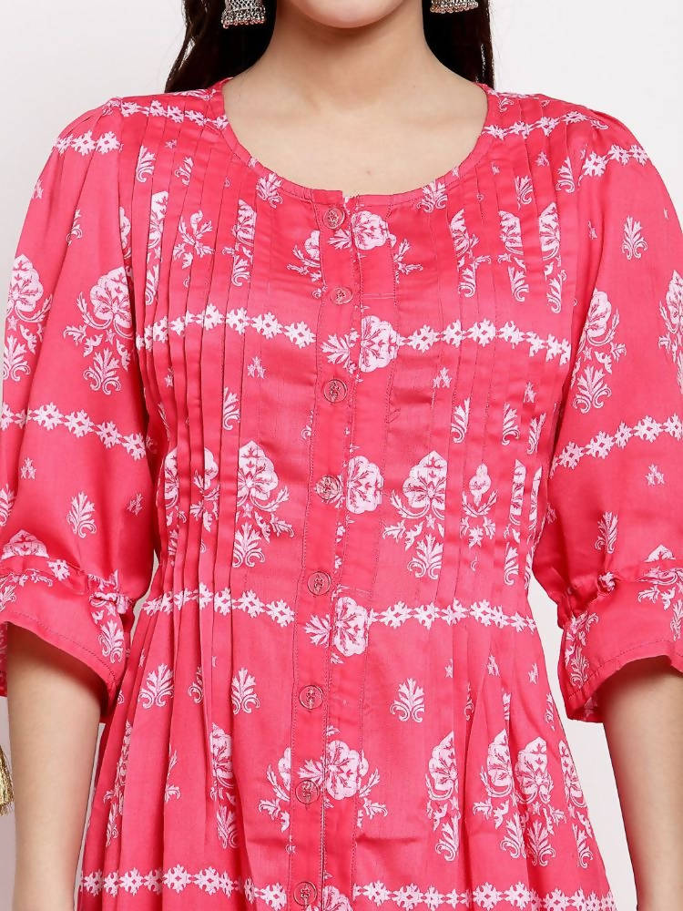 Myshka Women's Pink Cotton Printed 3/4 Sleeve Round Neck Casual Dress | Grab2Buy