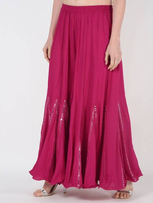 Mominos Fashion Magenta Viscose Rayon Flared Palazzo with Mirror Lace Work | Grab2Buy