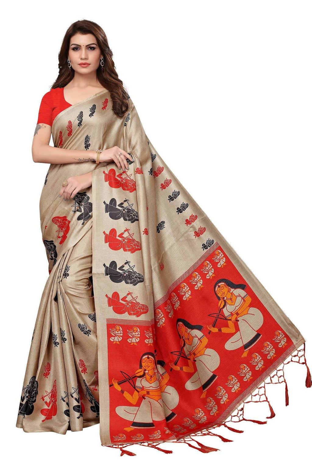 Vamika Chiku & Red Kalamkari With Jhalar Khadi Silk Saree | Grab2Buy