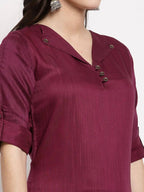Myshka Women's burgundy Cotton Solid Half Sleeve Collar Neck Casual Kurta Pant Dupatta Set | Grab2Buy