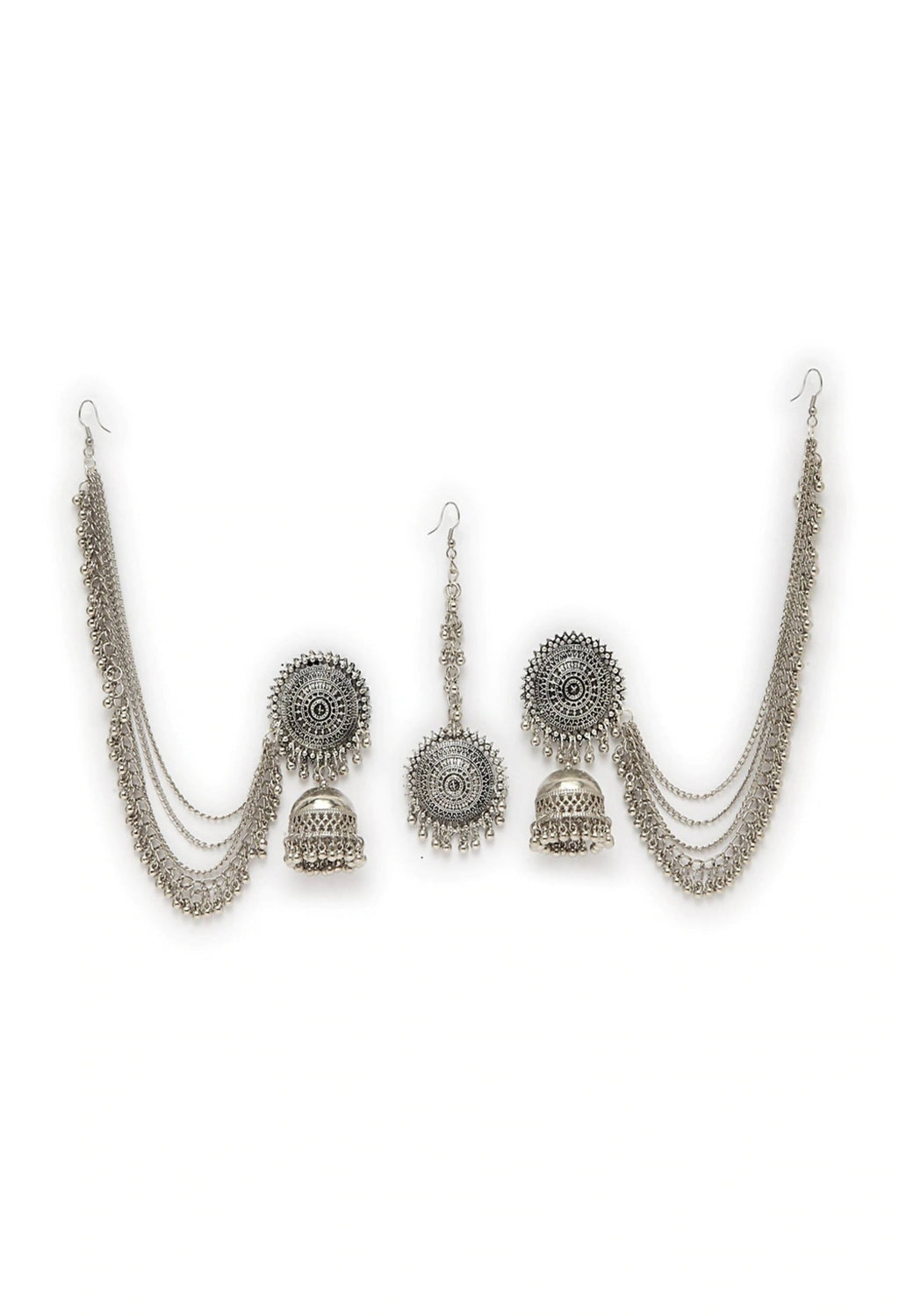 Mominos Fashion Johar Kamal Bahubali Silver Colour Earrings With Tikka | Grab2Buy
