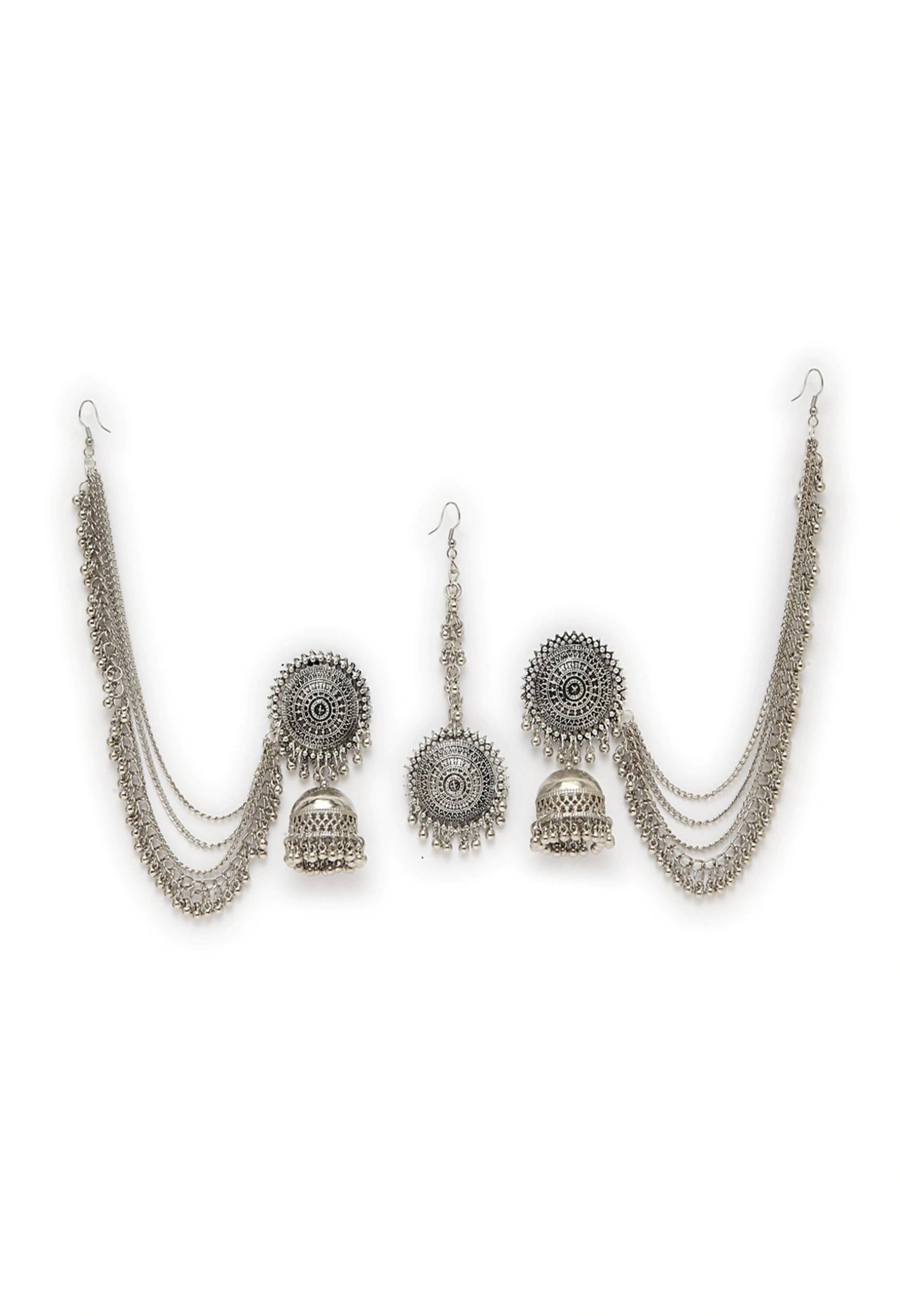 Mominos Fashion Johar Kamal Bahubali Silver Colour Earrings With Tikka | Grab2Buy