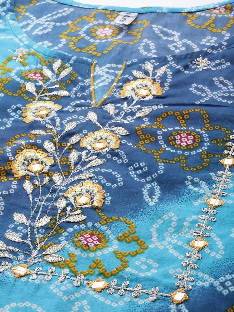 Yufta Women Blue Bandhani Printed Embroidered Detail Cotton Kurta with Trouser & Dupatta | Grab2Buy