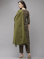 Yufta Women Olive Green Regular Pure Cotton Kurta with Palazzo & With Dupatta | Grab2Buy