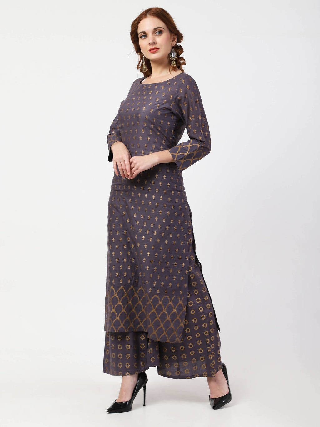 Cheera Printed Gray Kurta Palazzo Set (CH103KP) | Grab2Buy