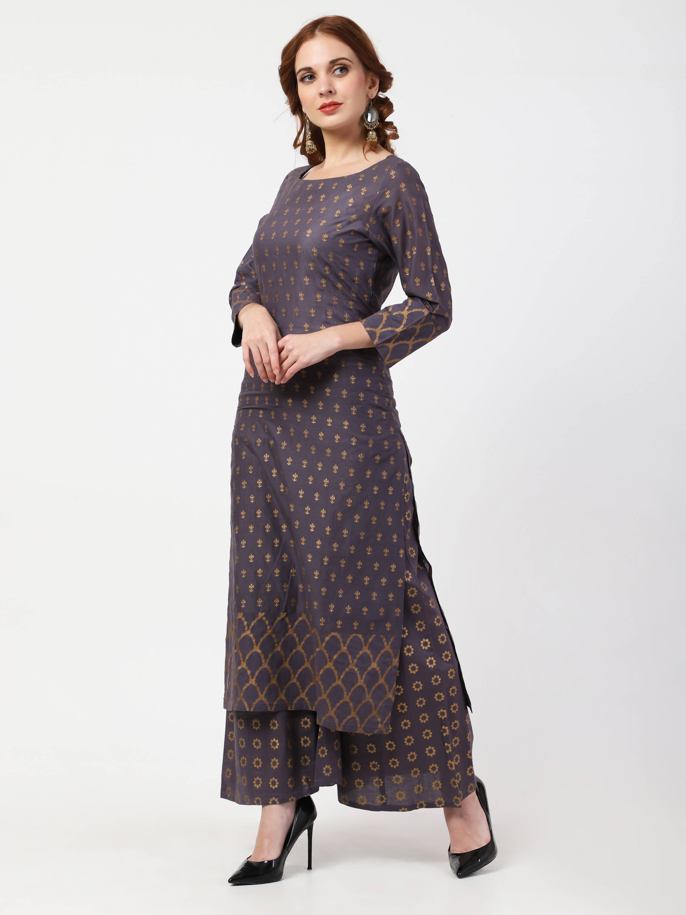 Cheera Printed Gray Kurta Palazzo Set (CH103KP) | Grab2Buy