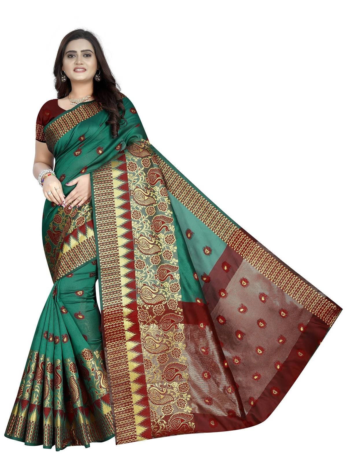 Vamika Banarasi Jaquard Rama Green & Red Weaving Saree | Grab2Buy