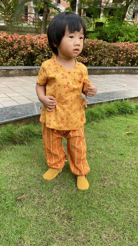 Mhyssa Zeke Half Sleeve Wrap Style Yellow and Red T-shirt With Long Pant Set For Kids | Grab2Buy