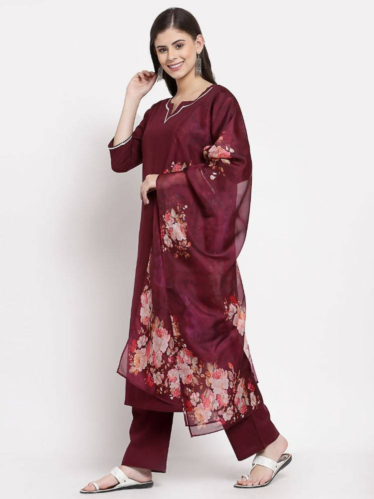 Myshka Women's Burgundy Cotton Solid 3/4 Sleeve Square Neck Casual Kurta Pant Dupatta Set | Grab2Buy