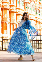 Yufta Women Blue Printed Pure Cotton Anarkali Kurta with Trouser & With Dupatta | Grab2Buy