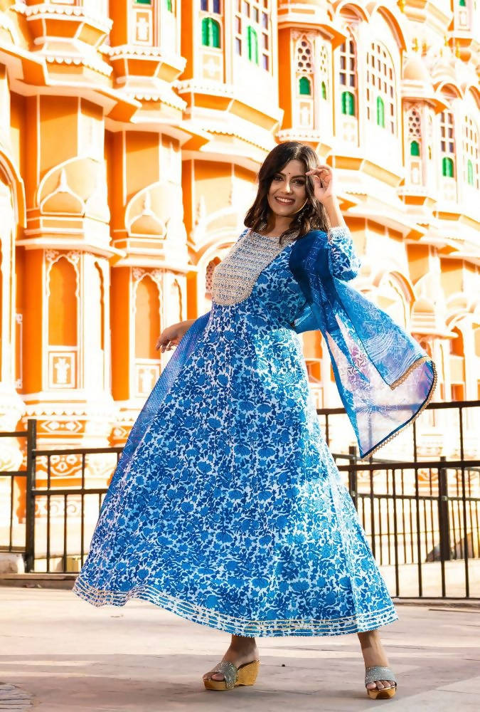 Yufta Women Blue Printed Pure Cotton Anarkali Kurta with Trouser & With Dupatta | Grab2Buy