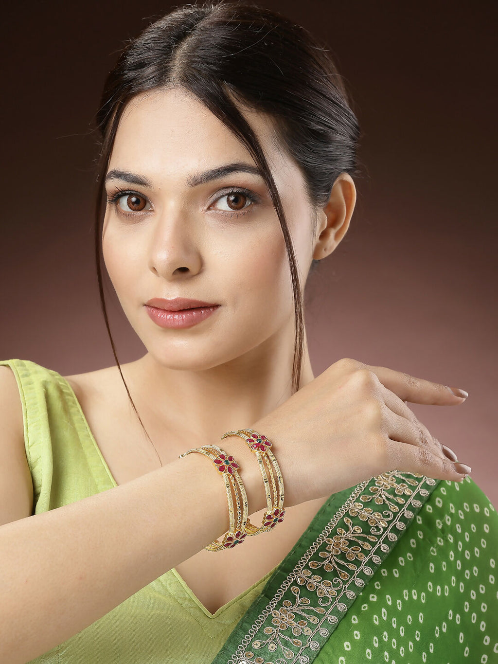 NVR Women's Set of 2 Gold-Polished Artificial Stones Handcrafted Traditional Bangles