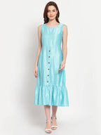 Myshka Women's See Green Solid Cotton Blend Sleeveless Round Neck Casual Dress | Grab2Buy