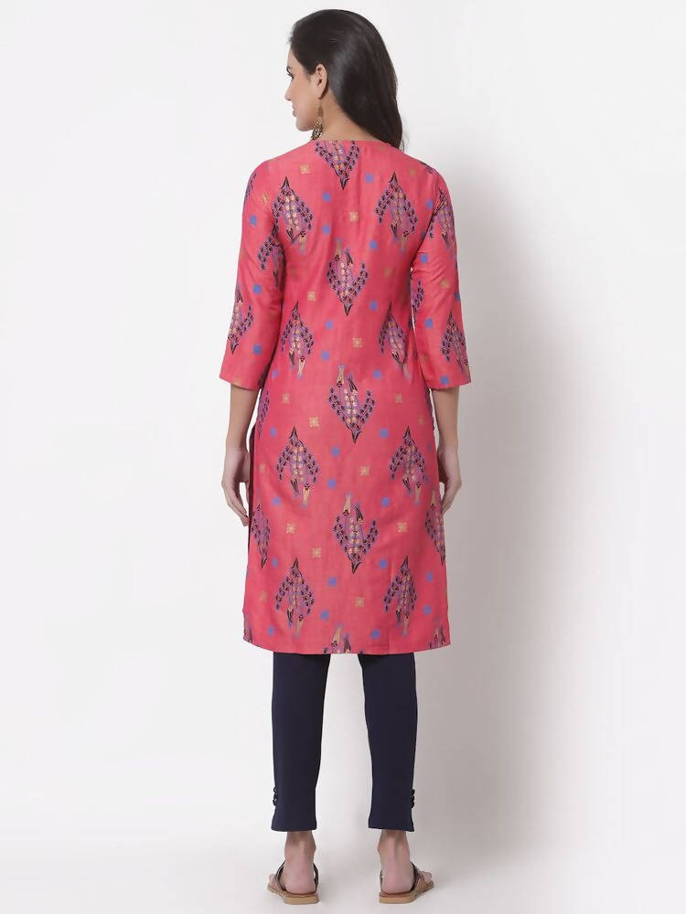 Myshka Women's Pink Printed 3/4 Sleeve Rayon Round Neck Casual Kurta | Grab2Buy