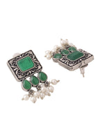 NVR Women's Oxidised Silver Plated Green Color Stone Jewellery Set With Earrings | Grab2Buy