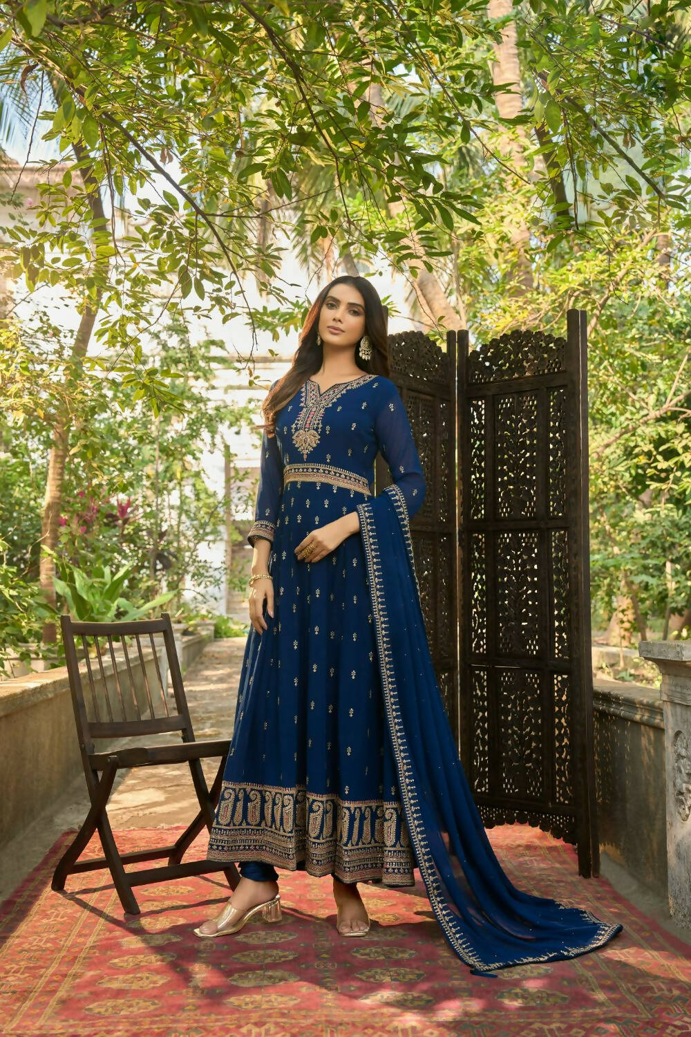 Blue Heavy Faux Georgette Anarkali Embroidered Kurta Set - Dhvani | Grab2Buy