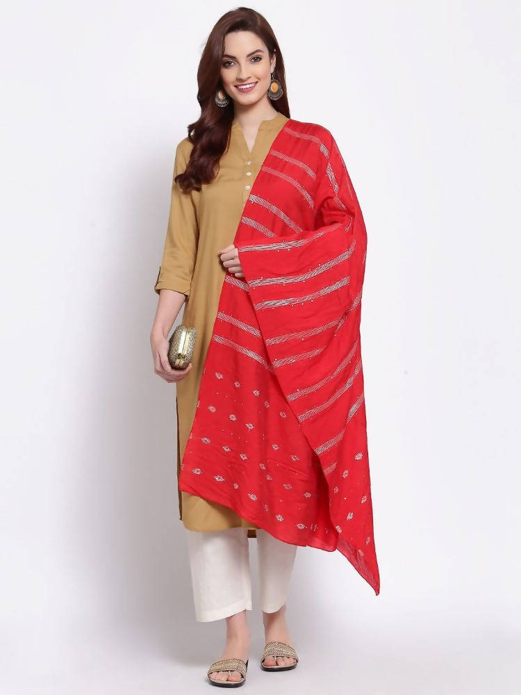 Myshka Women's Red Cotton Silk Printed Casual Dupatta | Grab2Buy