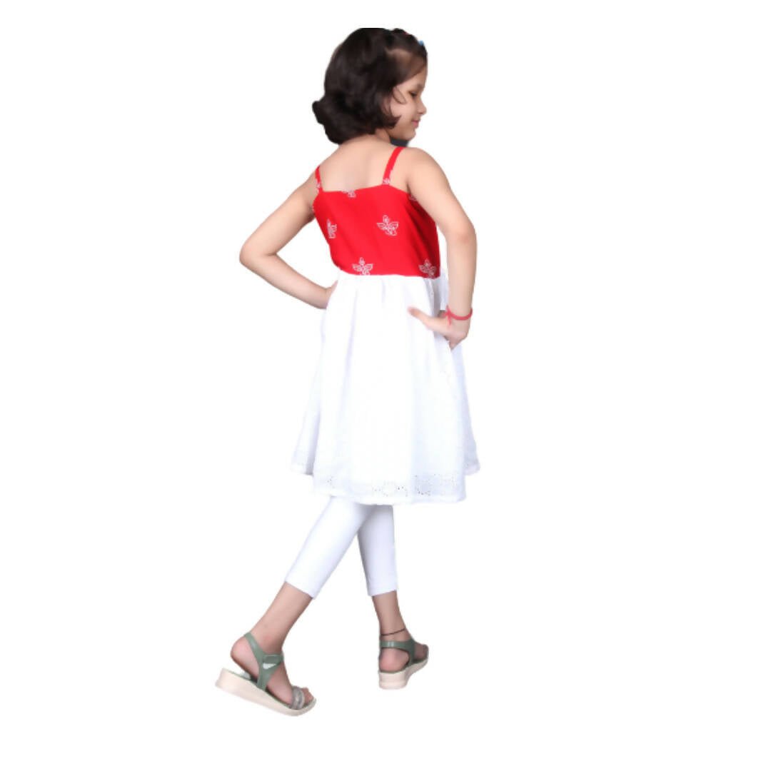 Akarshan Pure Cotton Frock Style Kurti with Leggings Set - Red & White | Grab2Buy