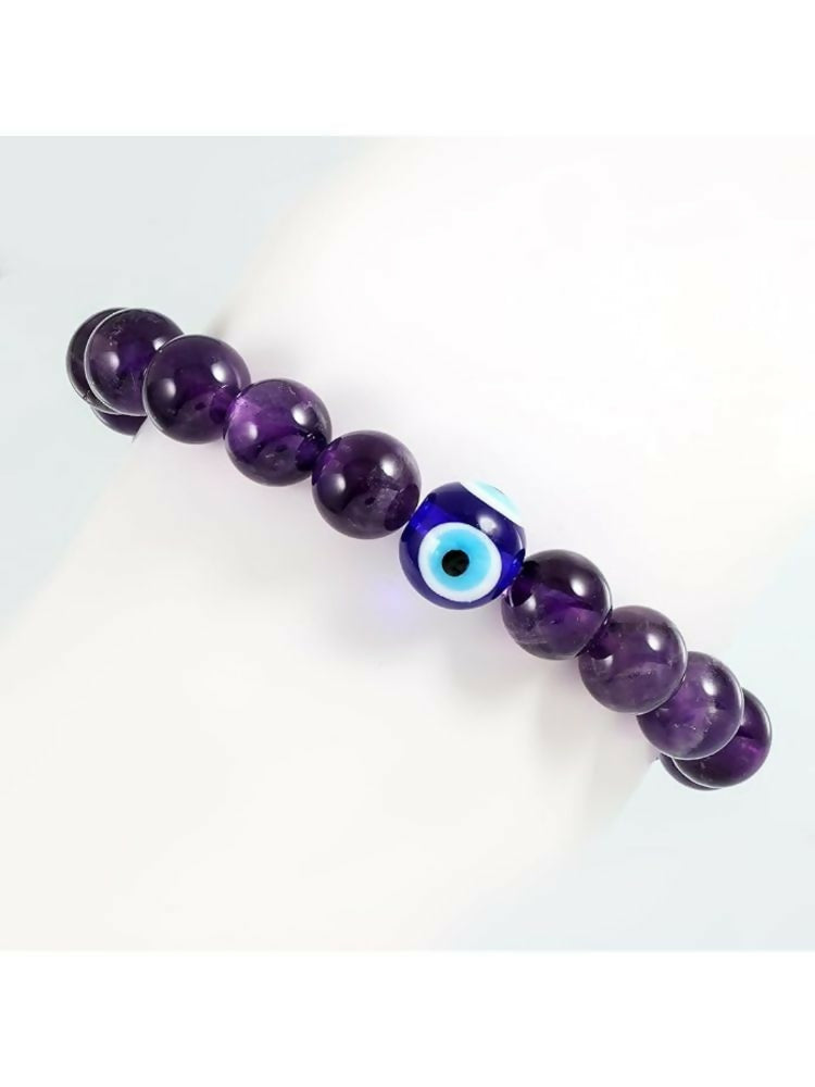 NVR Natural Amethyst Evil Eye Beaded Handmade Stretch Bracelet | Grab2Buy