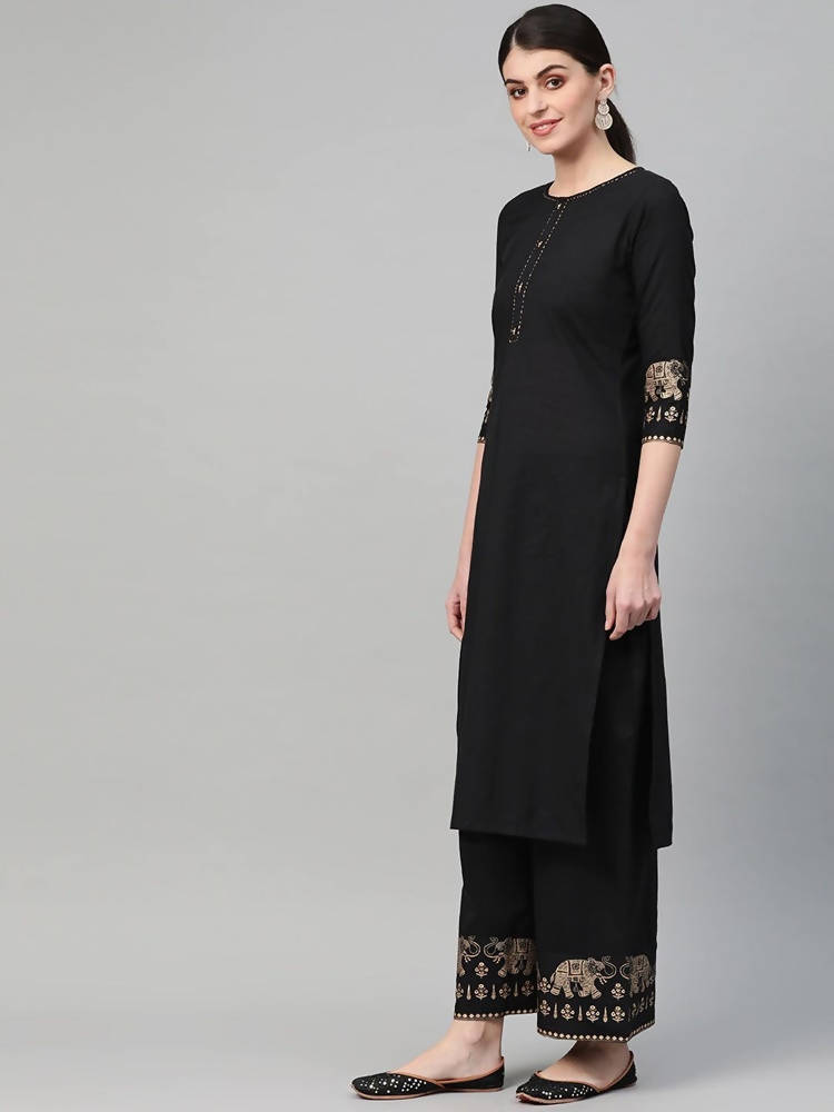Yufta Women Black & Golden Solid Kurta with Palazzo & Dupatta | Grab2Buy